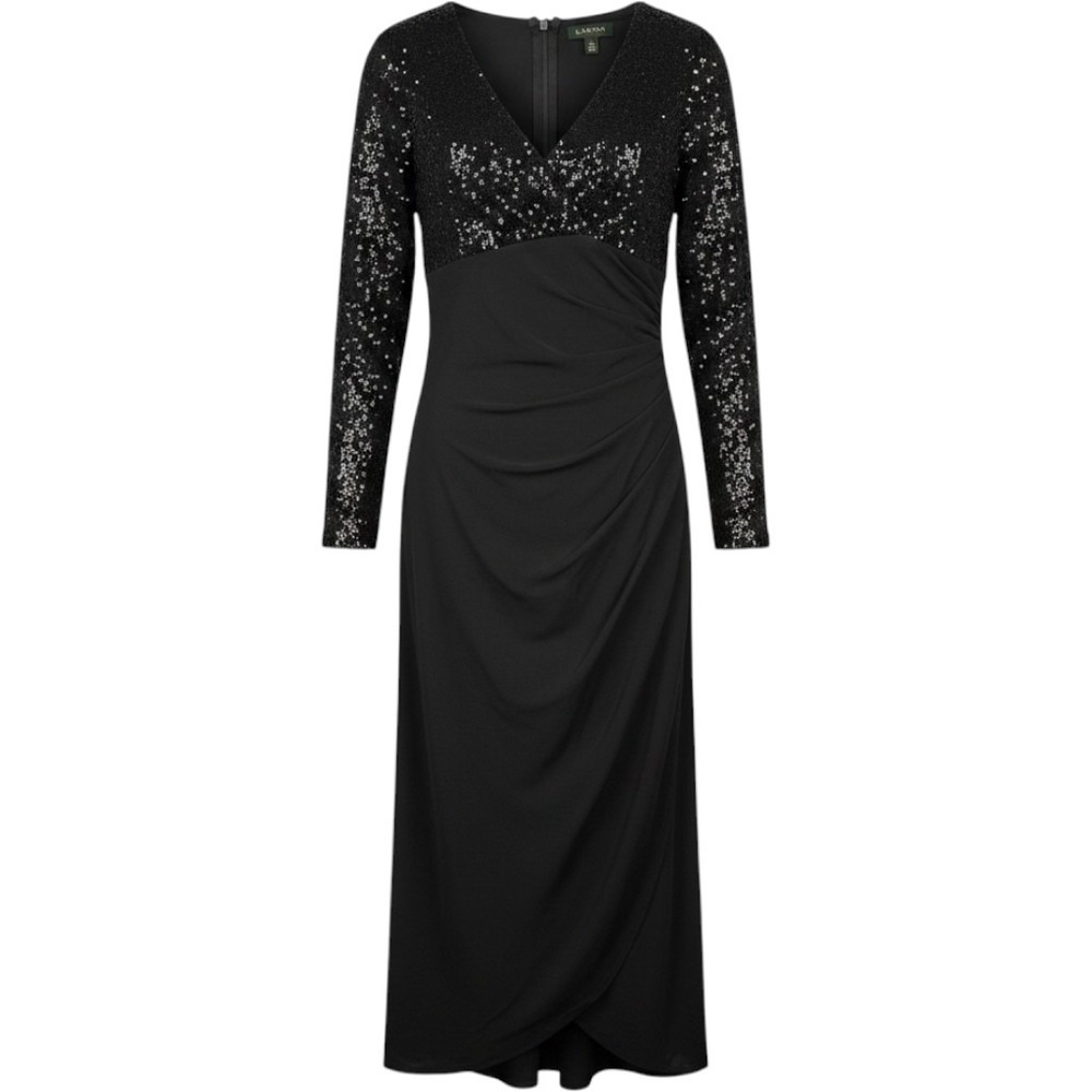 Lauren Ralph Lauren Evening Dress 4 Black Sequin Bodice Ruched Long Sleeve Gown